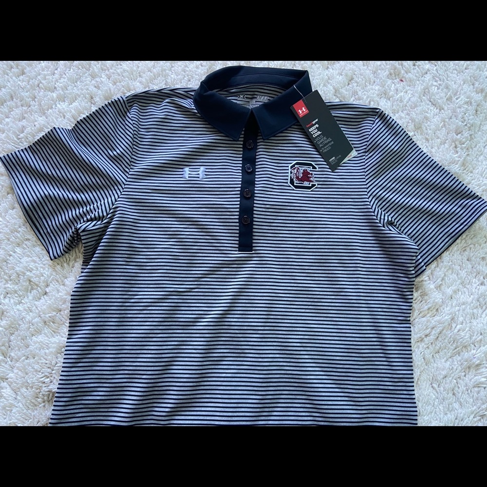 NWT UNDER AMOUR GAMECOCKS STRIPE POLO SHIRT BUTTON